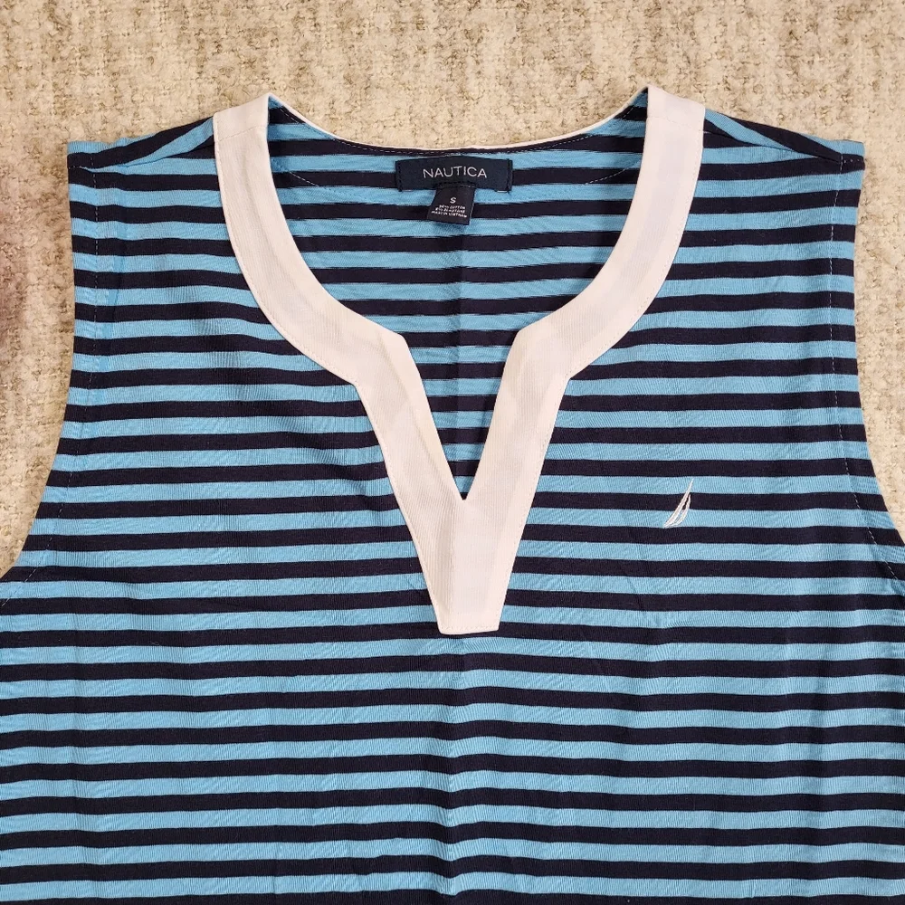 Nautica Blue Sheath V-neck Striped Sleeveless Logo Knee-length Dress - Picture 2 of 8